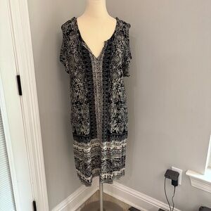 Lucky Brand beige and black printed short sleeve tshirt style dress size XL GUC